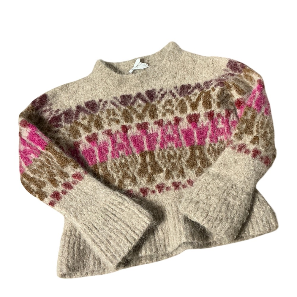 Velvet Graham Spencer Fair Isle Alpaca Sweater Womens XS Beige Pink Boho Fuzzy